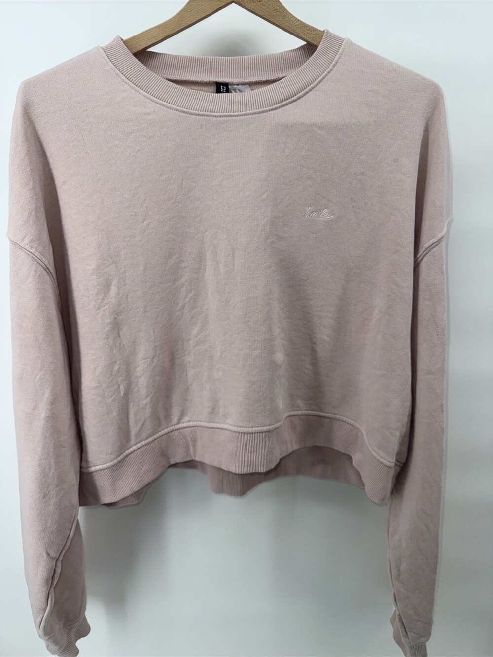 Divided H&M Smile Embroidered Cropped Sweatshirt Size XL Blush Pink